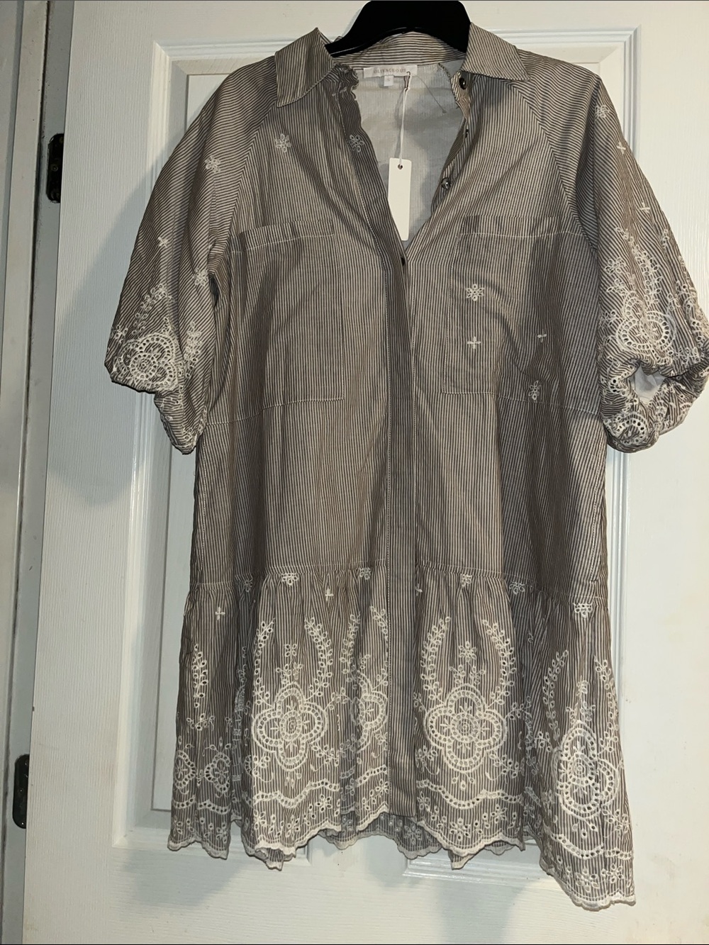 Olivaceous Taupe & White Embroidered Midi Dress